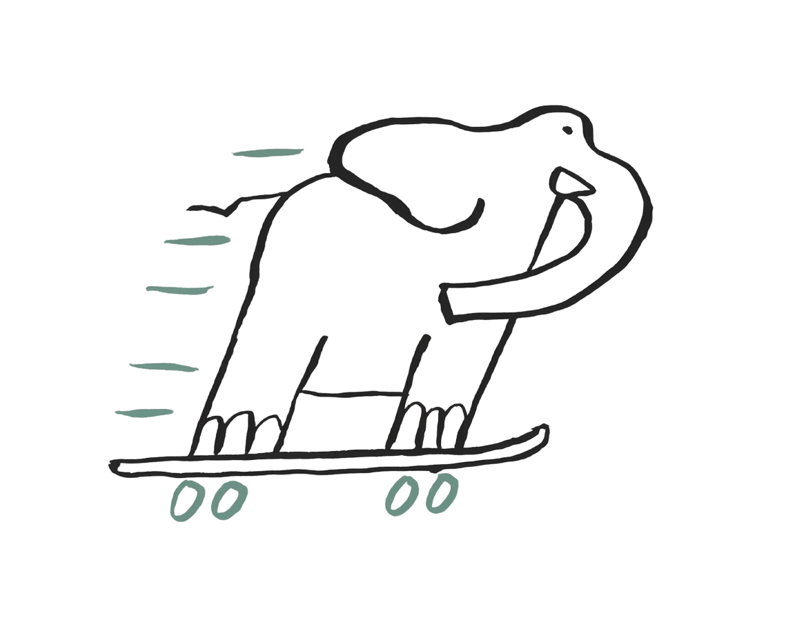 Hand-drawn elephant riding a skateboard